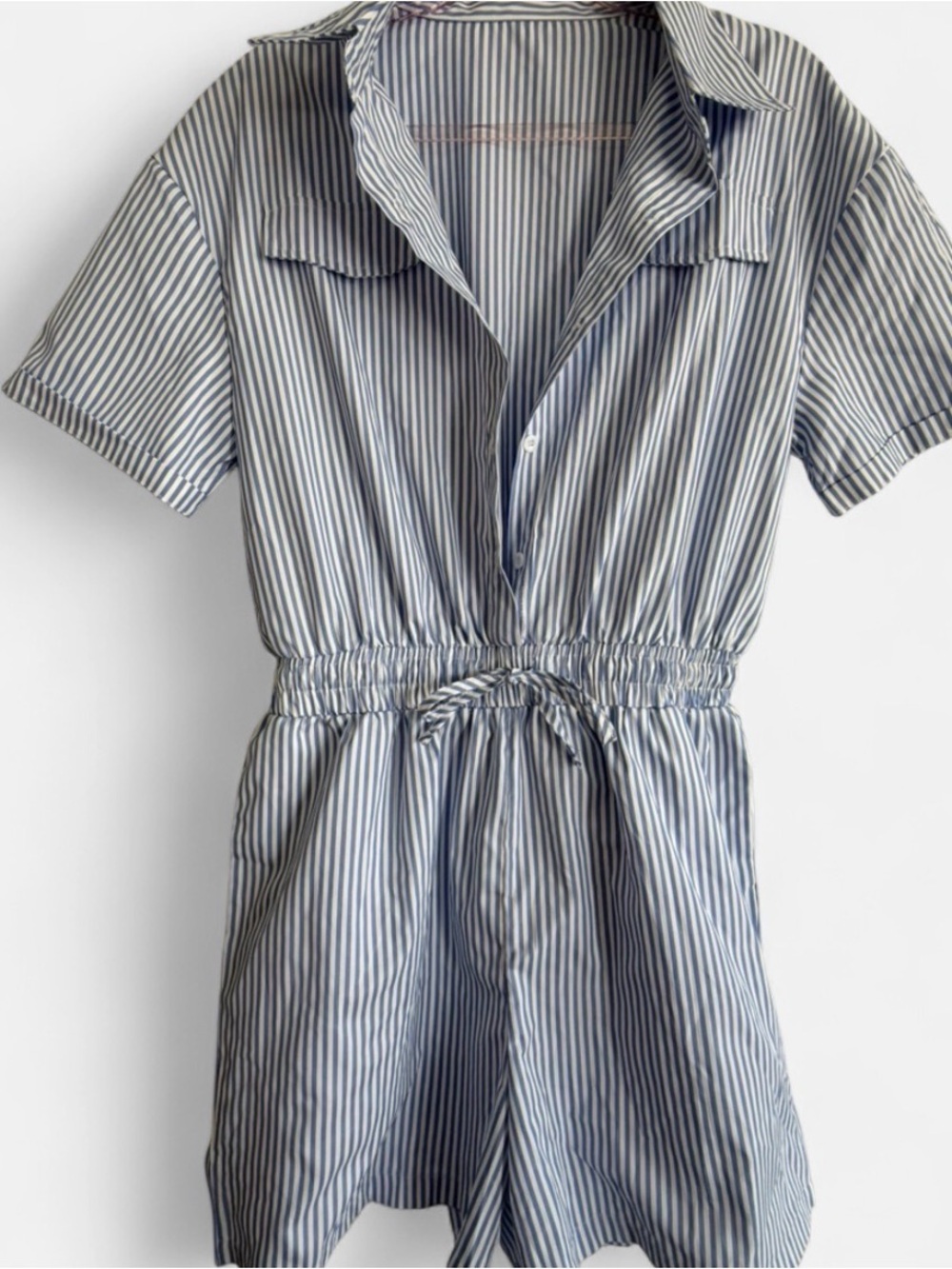 Women’s Blue and White Striped Short-Sleeve Shirt
